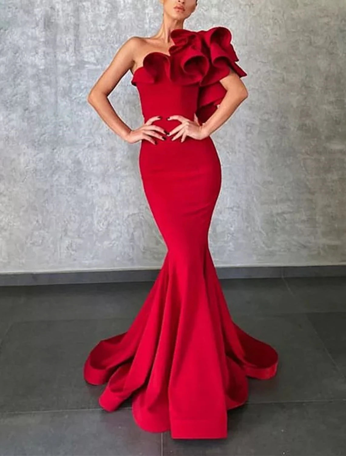 Wholesale Mermaid / Trumpet Prom Dresses Sexy Dress Party Wear Prom Sweep / Brush Train Sleeveless One Shoulder Charmeuse with Ruffles